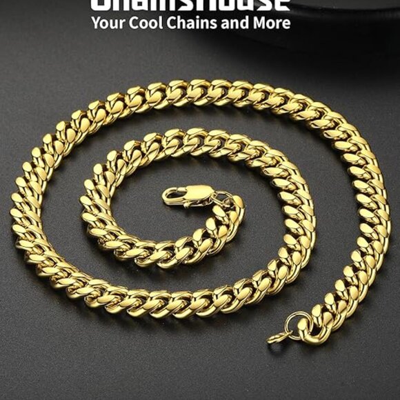 Miami Cuban Link Chain Necklace for Men Stainless Gold-10mm Plated Hip Hop - Picture 3 of 6
